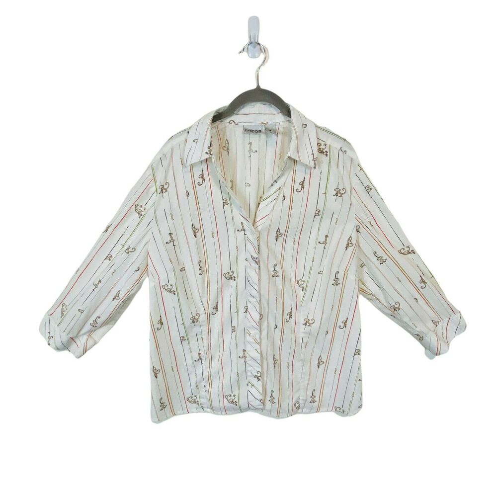 Monkey & Banana Button Up Top Chico's Womens White Striped Cheeky Size Large